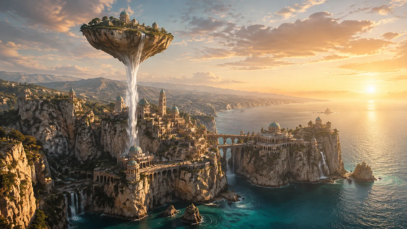 An AI-generated coastal city with floating islands, imagining new possibilities
